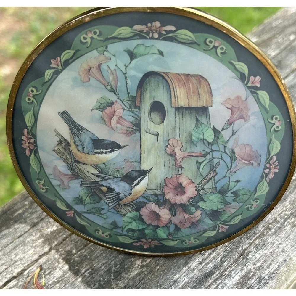 Enesco Suncatcher Birdhouse Morning Glories Birds Decorative Plate Gold Rim Vtg